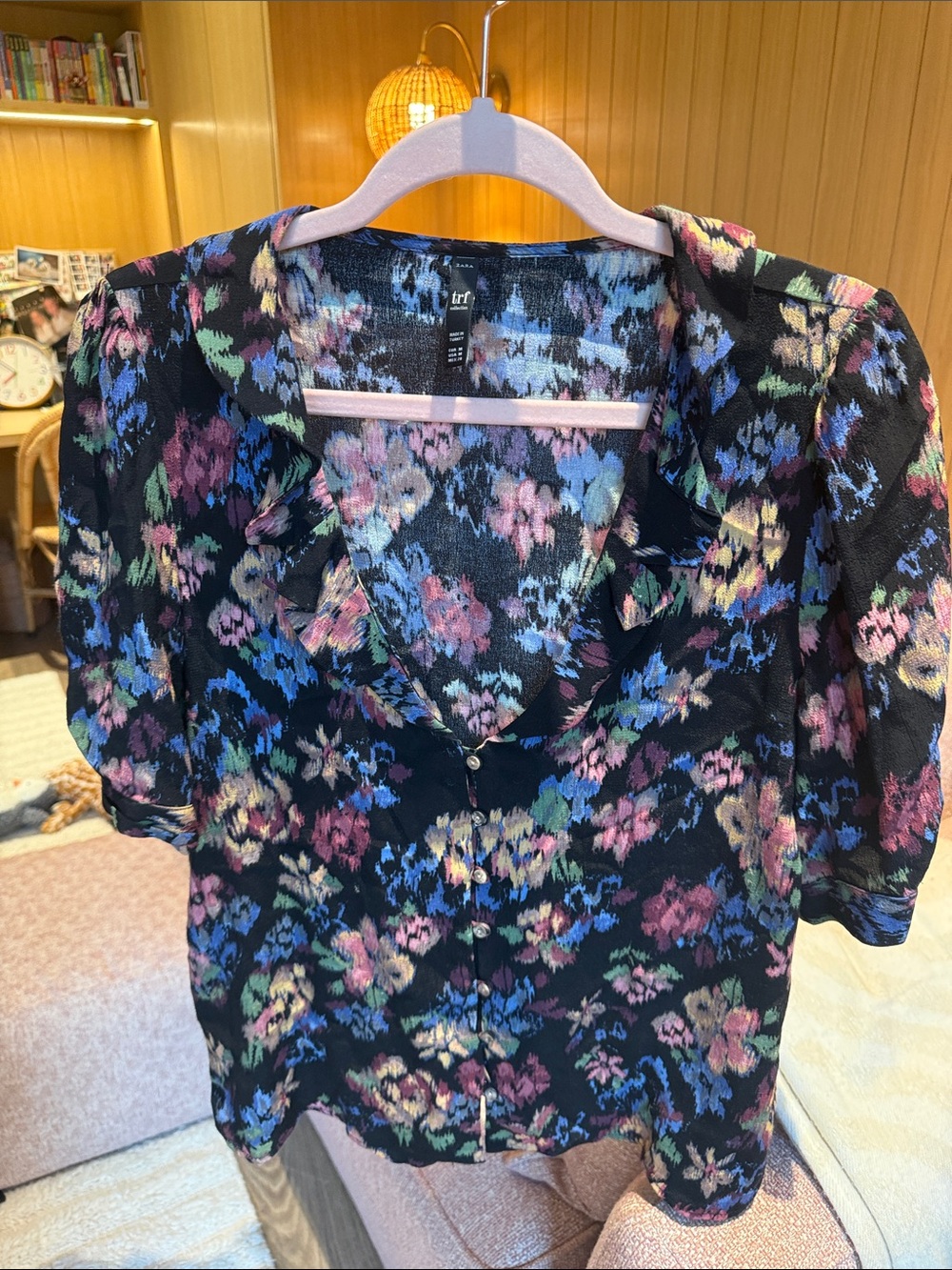 Zara Black Floral Button-Front Blouse